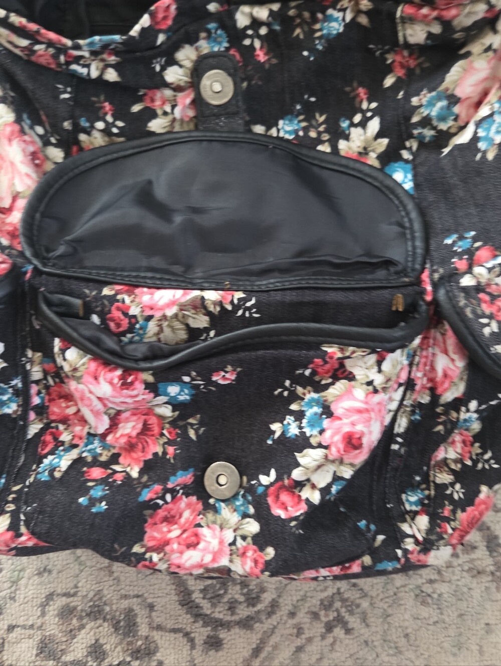 Olsenboye Black Floral Canvas Backpack Black Faux Leather Trim Boho Rucksack - Picture 6 of 11